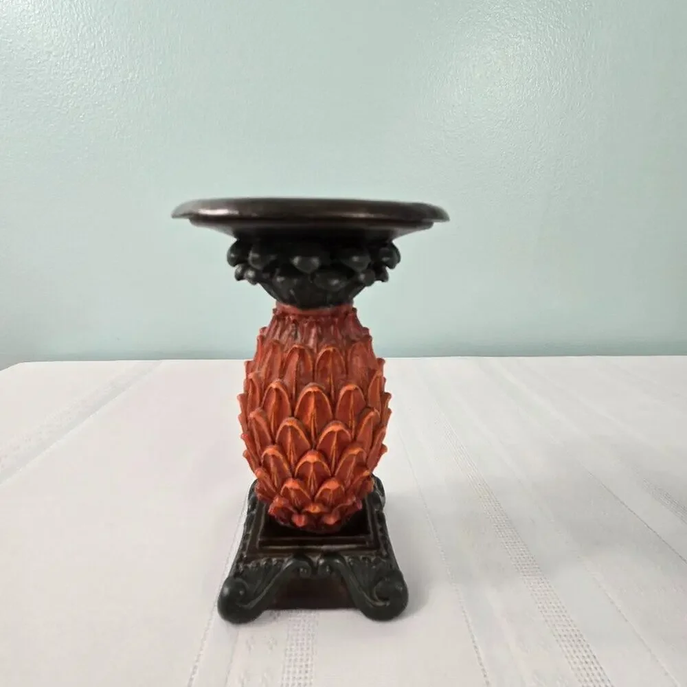 Pillar Candle Pedestals Carved Resin Tropical Bohemian Pineapple Style Set of 2